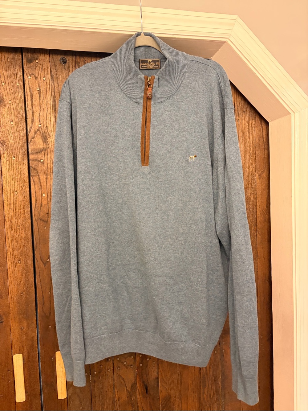 Men's Light Blue Quarter-Zip Sweater with Leather-Trim Placket